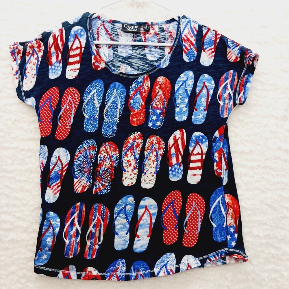 T-Shirt Flip Flop Rhinestone Star Stripe Americana Patriotic Holiday USA Size S